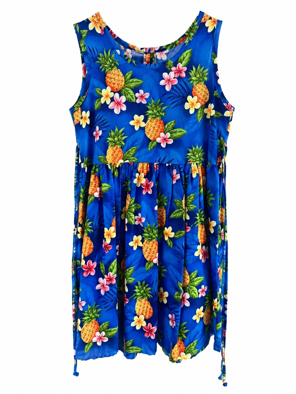 Hilo Hattie Girls Blue Tropical Pineapple Dress with Yellow & Pink Flowers